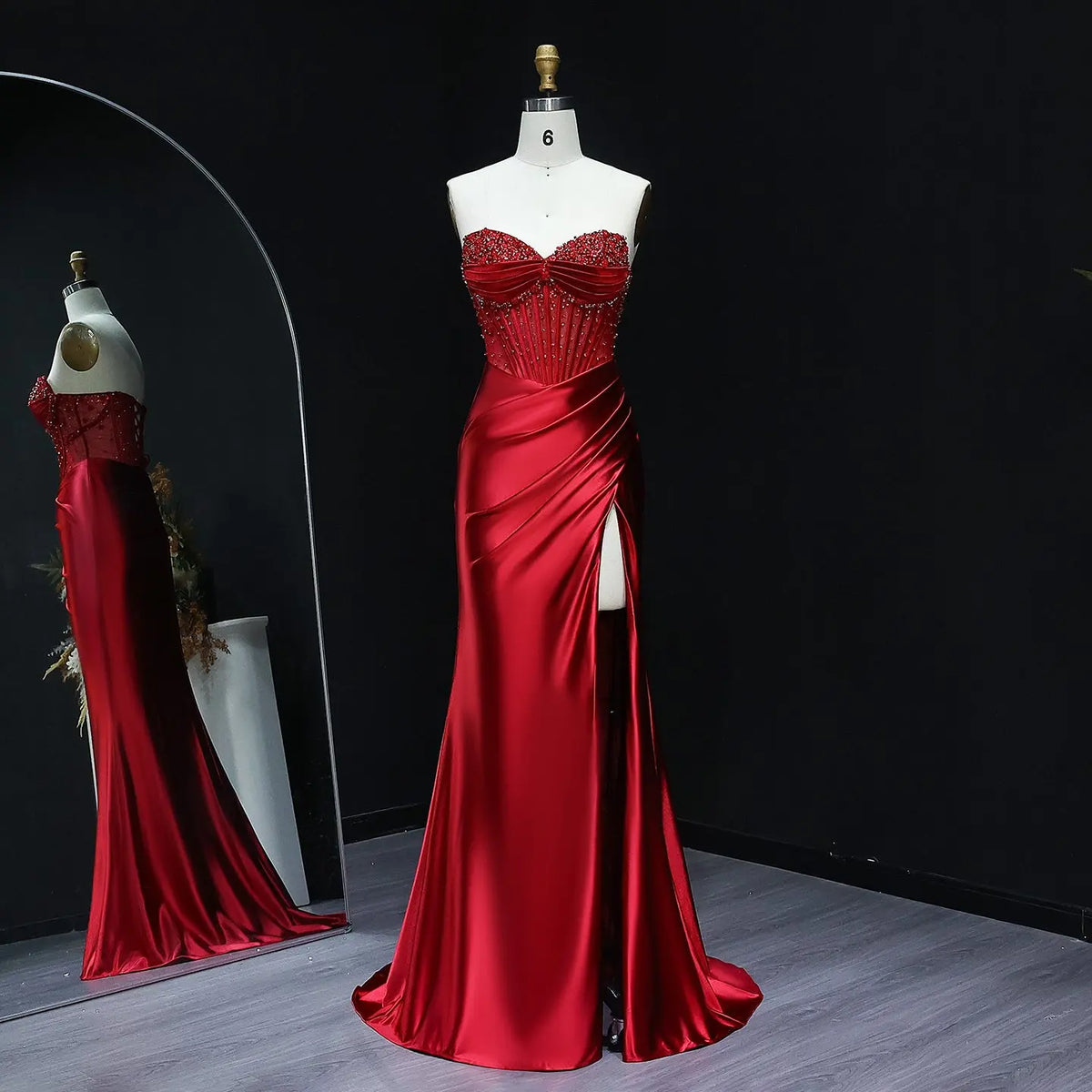 Luxury Red Strapless Beaded High-Slit Mermaid Prom Dress SH520 Luxury Red Strapless Beaded High-Slit Mermaid Prom Dress SH520