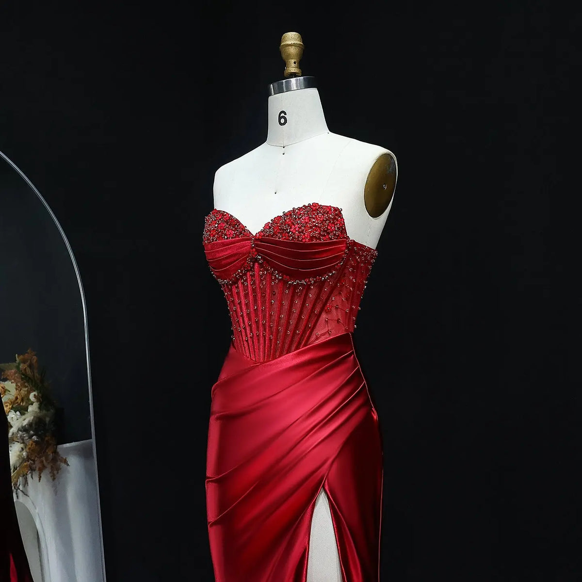 Luxury Red Strapless Beaded High-Slit Mermaid Prom Dress SH520 