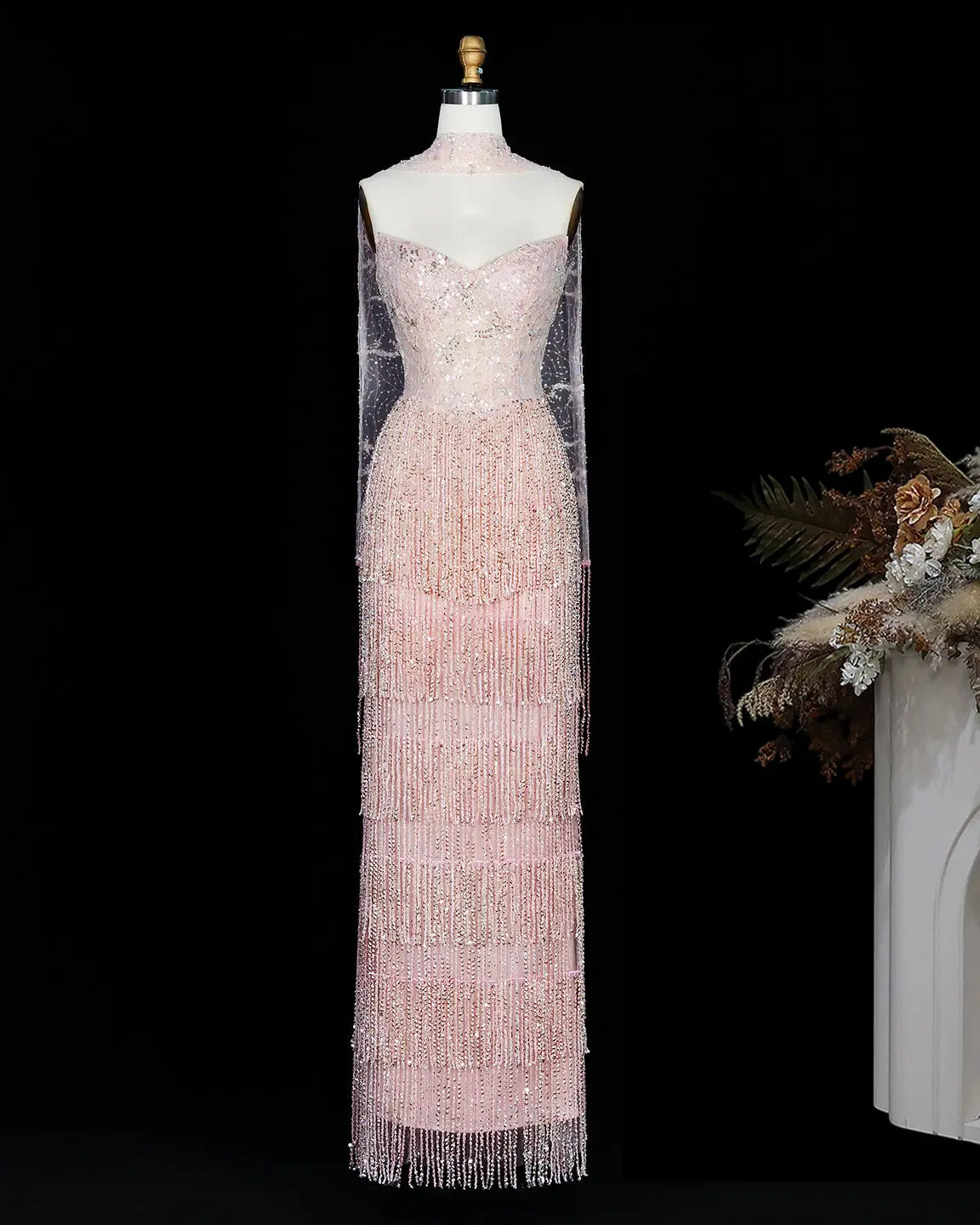 Pink Beaded Sweetheart Sheath Evening Gown SS240