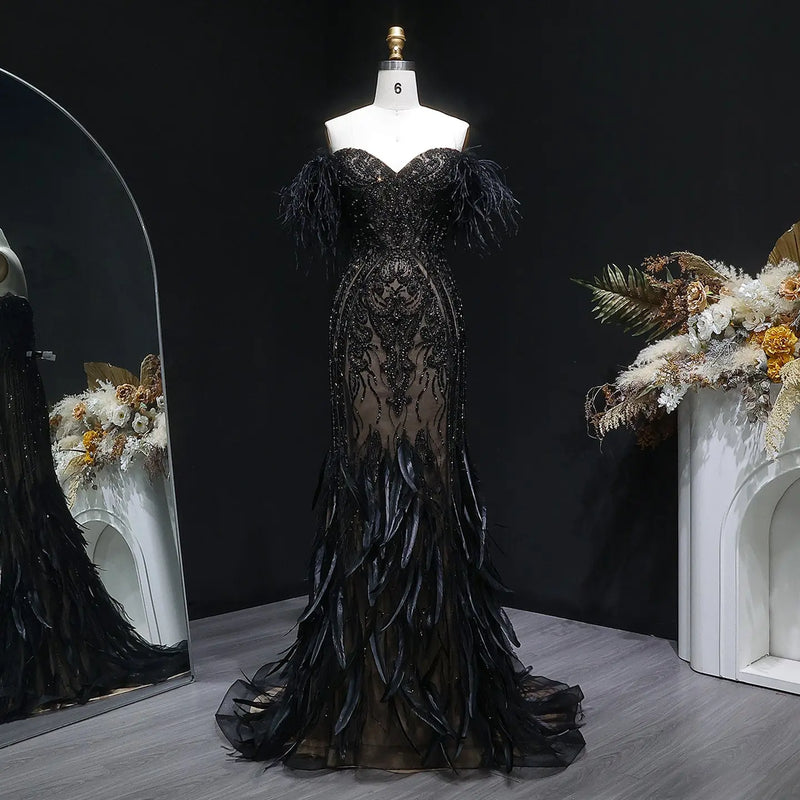 Glamorous Black Beaded Off-the-Shoulder Feather Mermaid Evening Dress SS792 