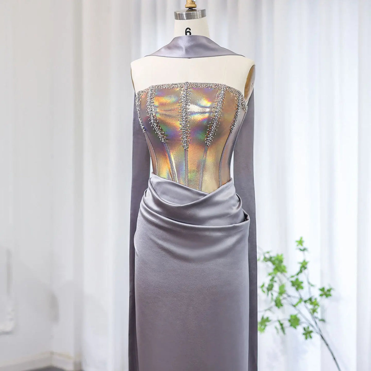 Final Sale Elegant Strapless Gray Satin Evening Dress with Scarf SS704 Final Sale Elegant Strapless Gray Satin Evening Dress with Scarf SS704