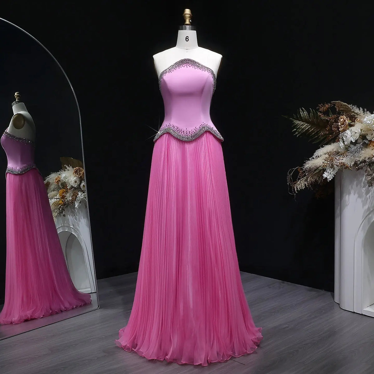 Romantic Pink Strapless Beaded Chiffon Evening Dress SS789 