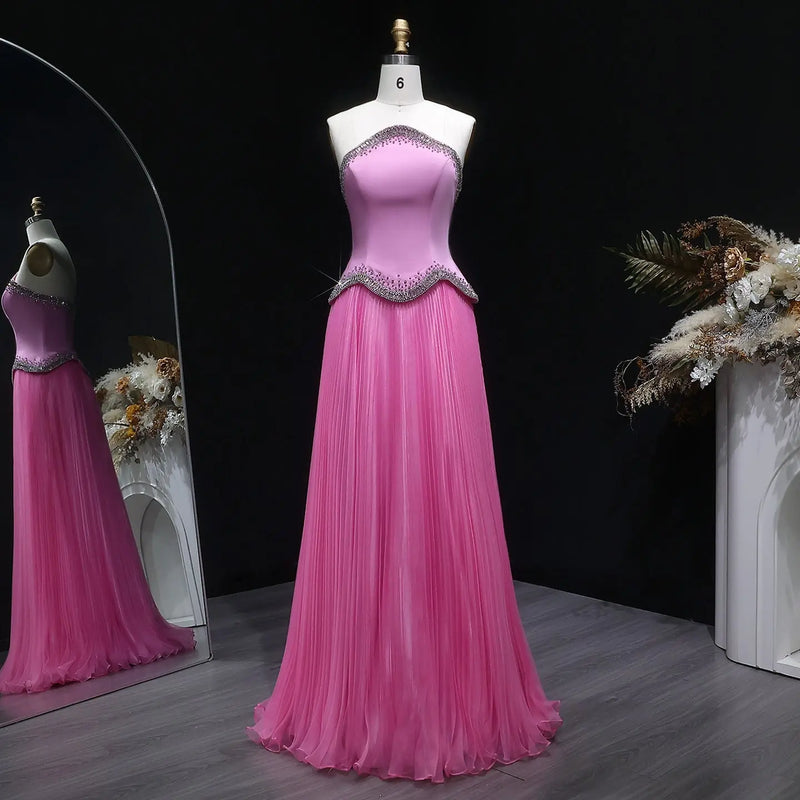 Romantic Pink Strapless Beaded Chiffon Evening Dress SS789 