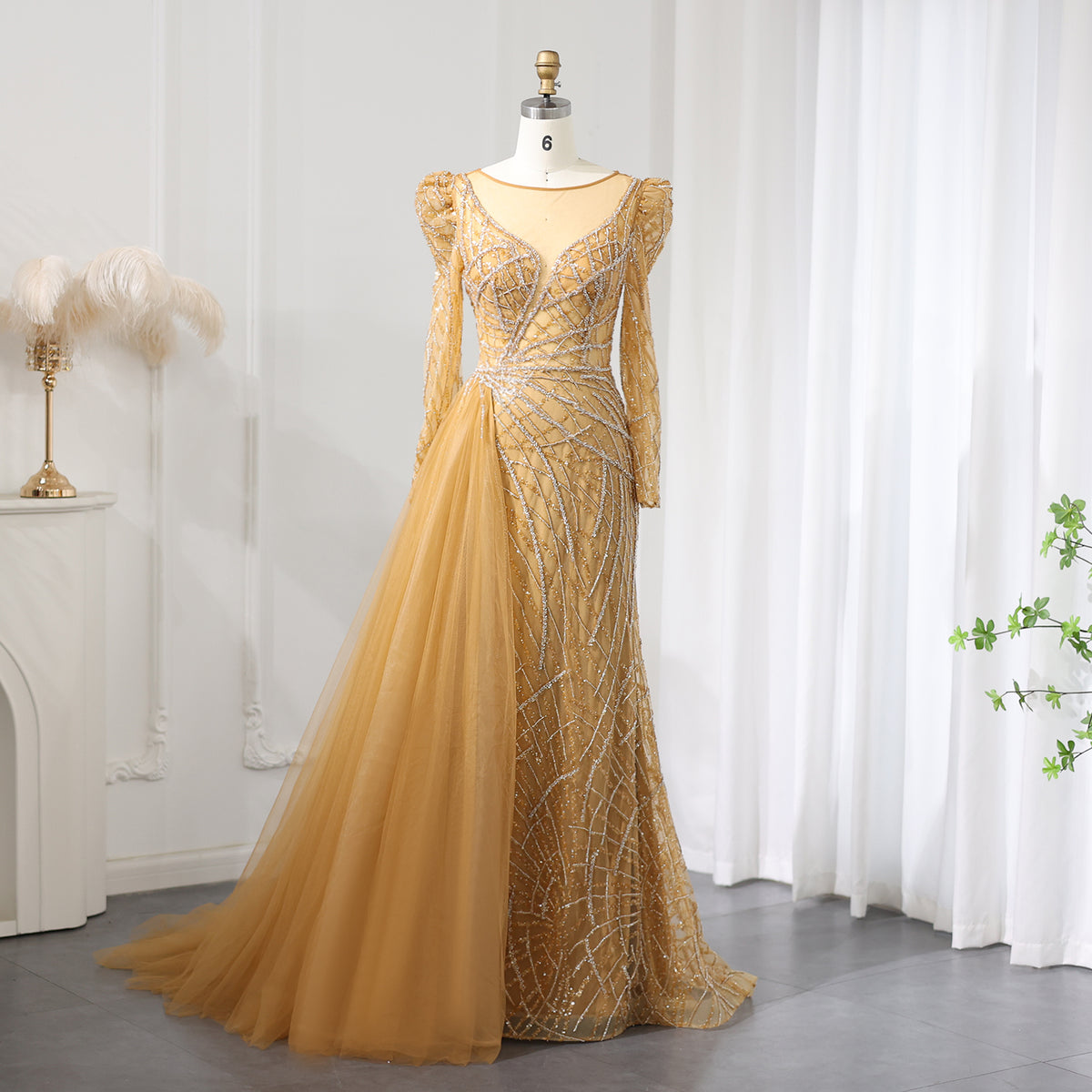 Sharon Said Luxury Muslim Gold Mermaid Beaded Dubai Evening Dresses with Overskirt 2024 Plus Size Women Wedding Party Gown SS048