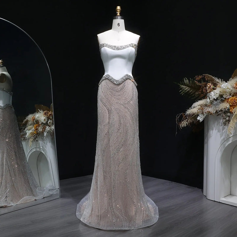 Chic White Crystal Beaded Wave Pattern Mermaid Evening Dress SS790 