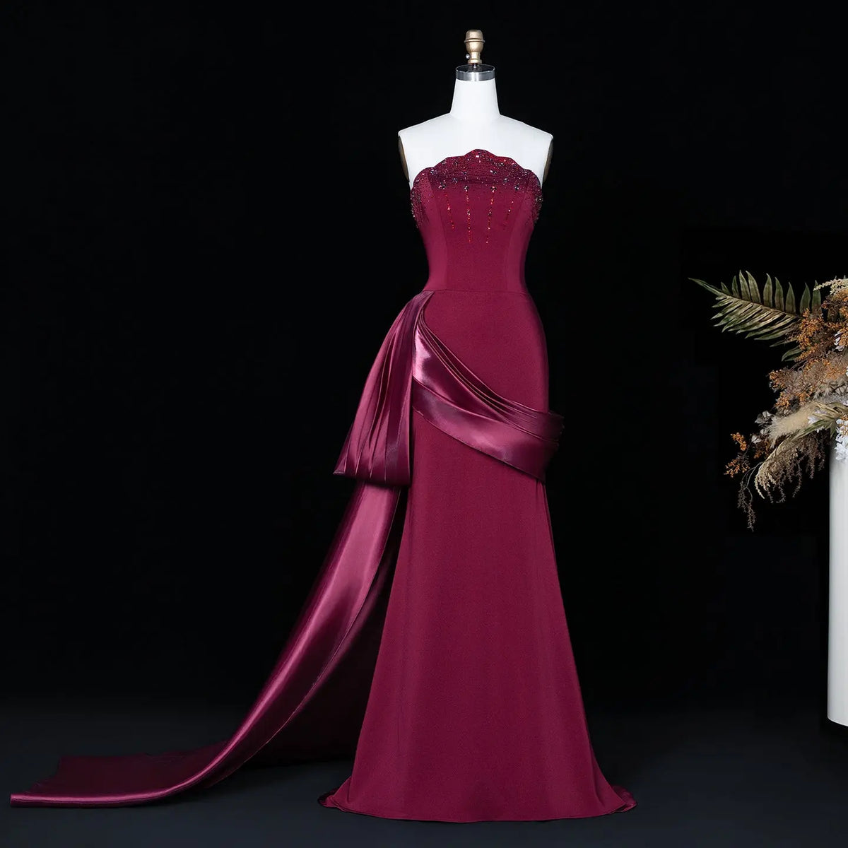 Wine Red Beaded Strapless Evening Dress Train SS608
