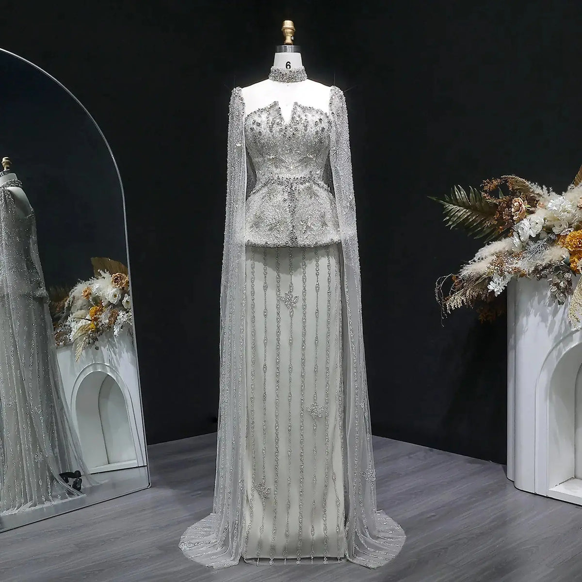 Elegant Silver High Neck Sheer Fitted Evening Dress with Cape Sleeve S SHARONSAID Elegant Silver High Neck Sheer Fitted Evening Dress with Cape Sleeve S SHARONSAID