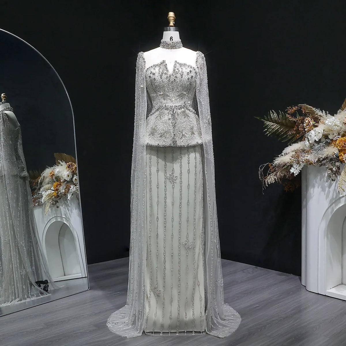 Elegant Silver High Neck Sheer Fitted Evening Dress with Cape Sleeve SS531 