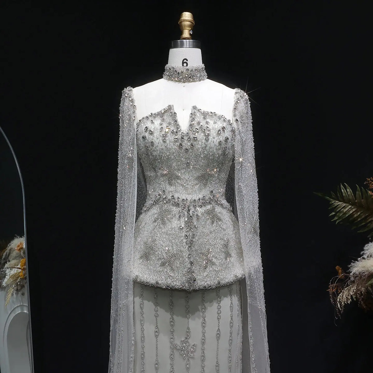 Elegant Silver High Neck Sheer Fitted Evening Dress with Cape Sleeve SS531 