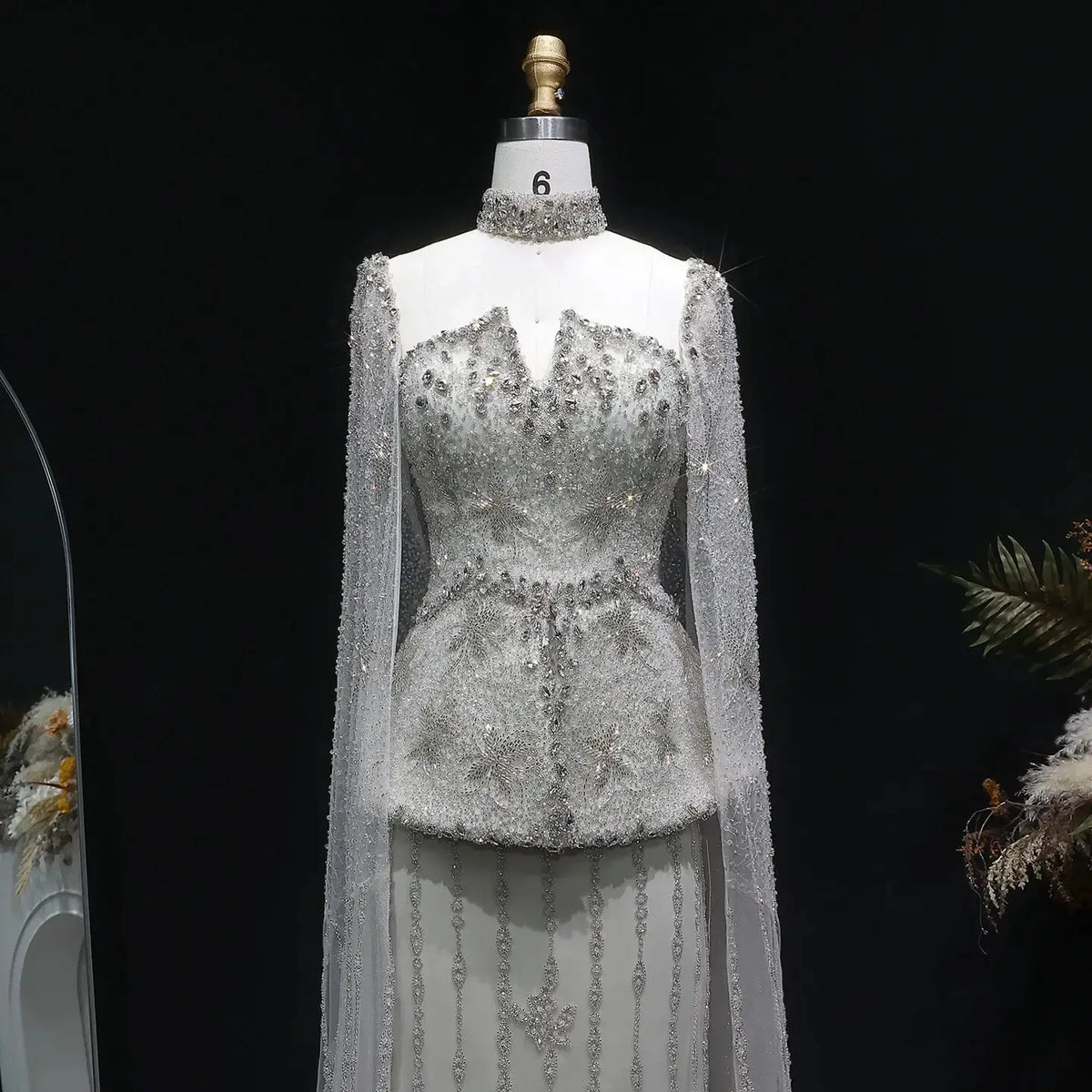 Elegant Silver High Neck Sheer Fitted Evening Dress with Cape Sleeve SS531 