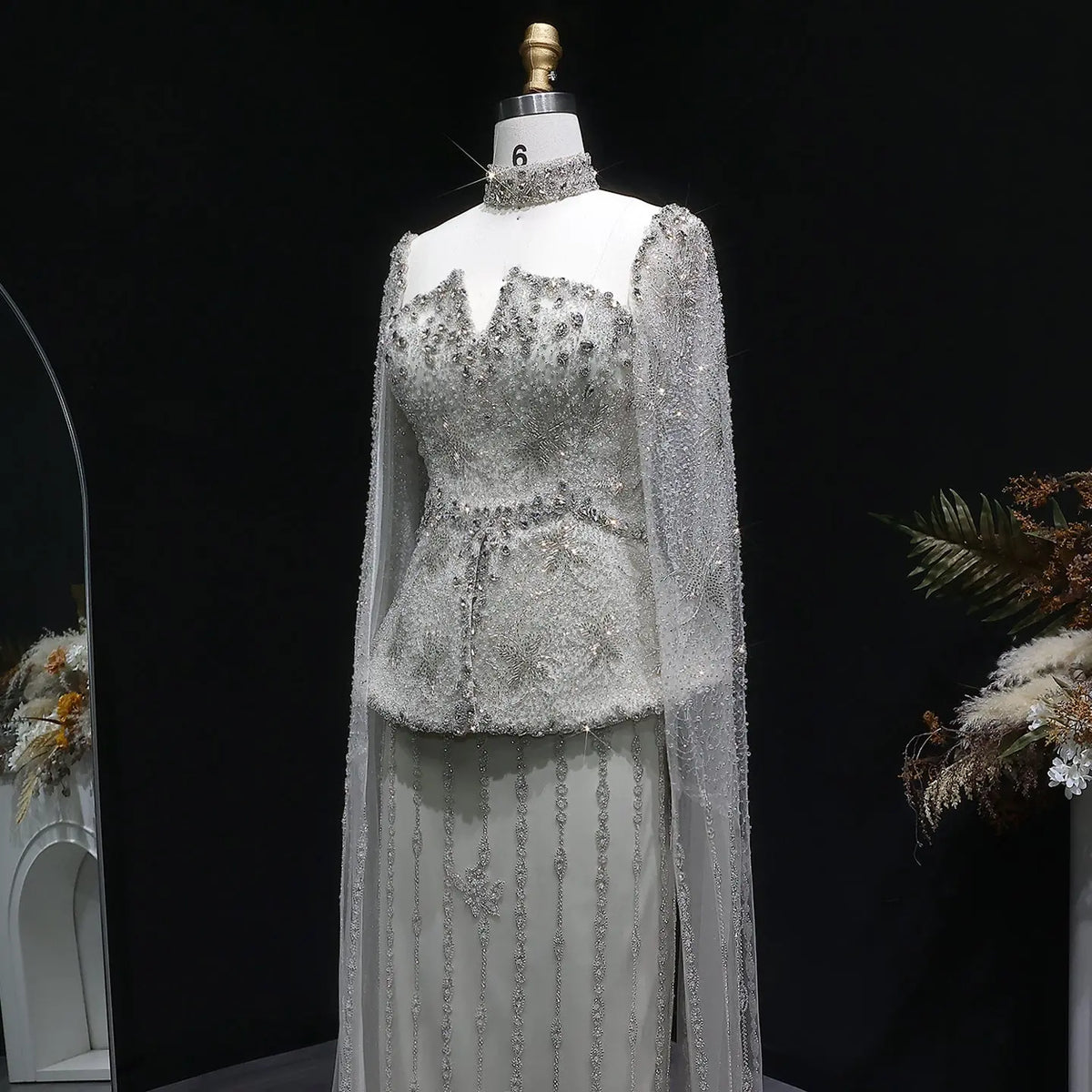 Elegant Silver High Neck Sheer Fitted Evening Dress with Cape Sleeve SS531 