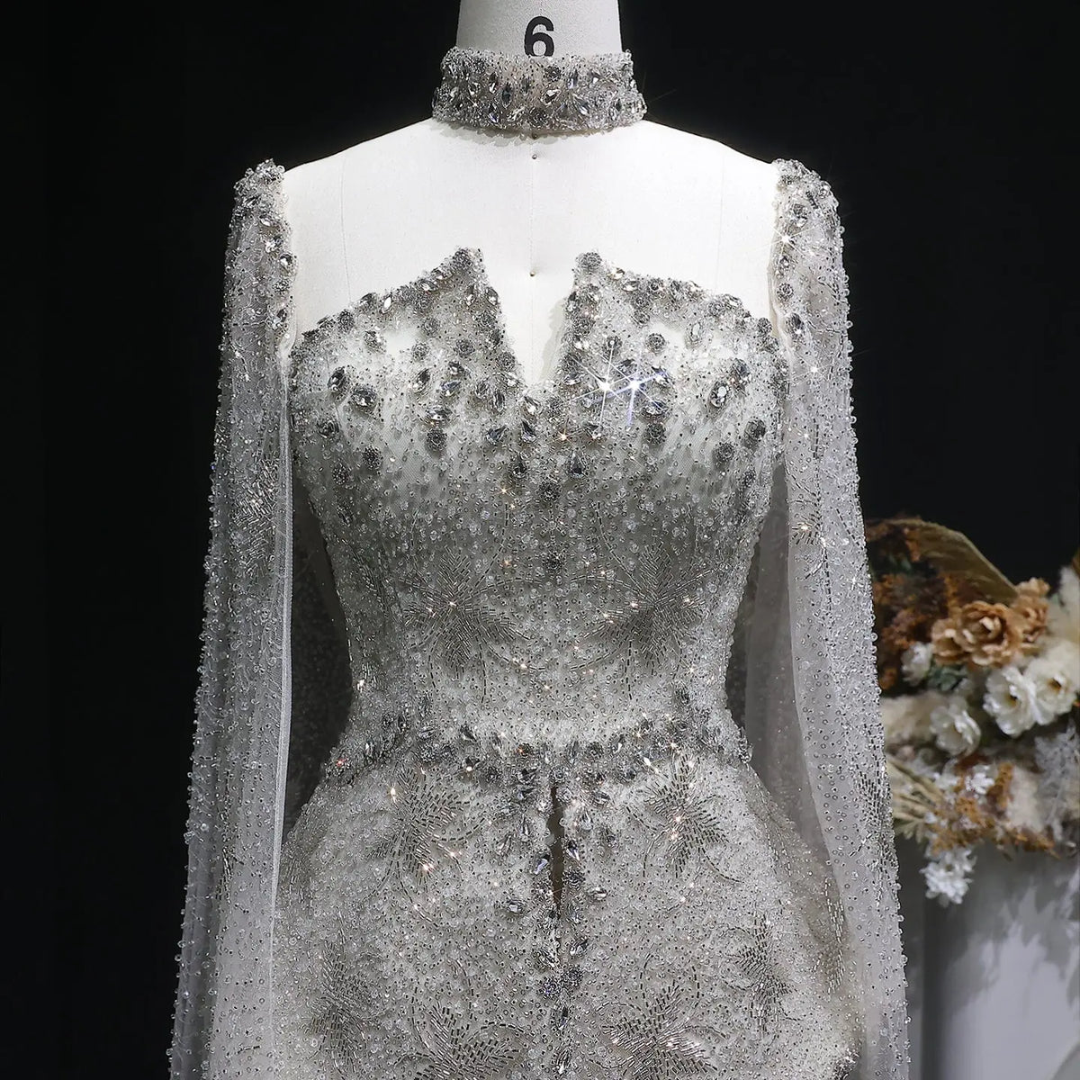 Elegant Silver High Neck Sheer Fitted Evening Dress with Cape Sleeve SS531 