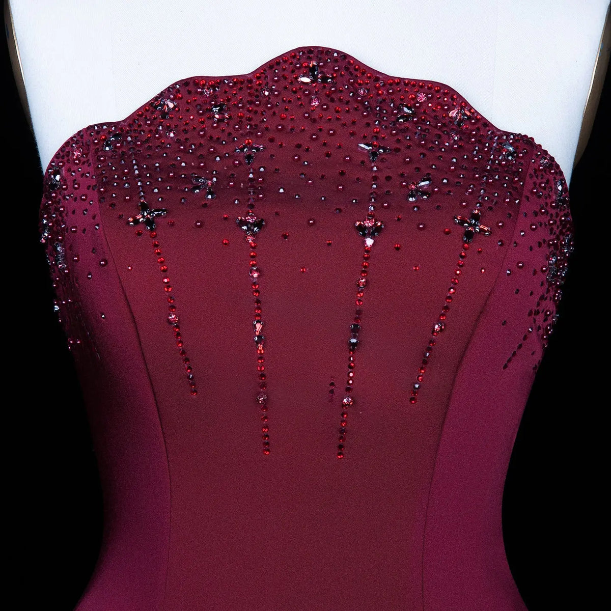 Romantic Burgundy Strapless Beaded Evening Dress with Statement Satin – SHARONSAID
