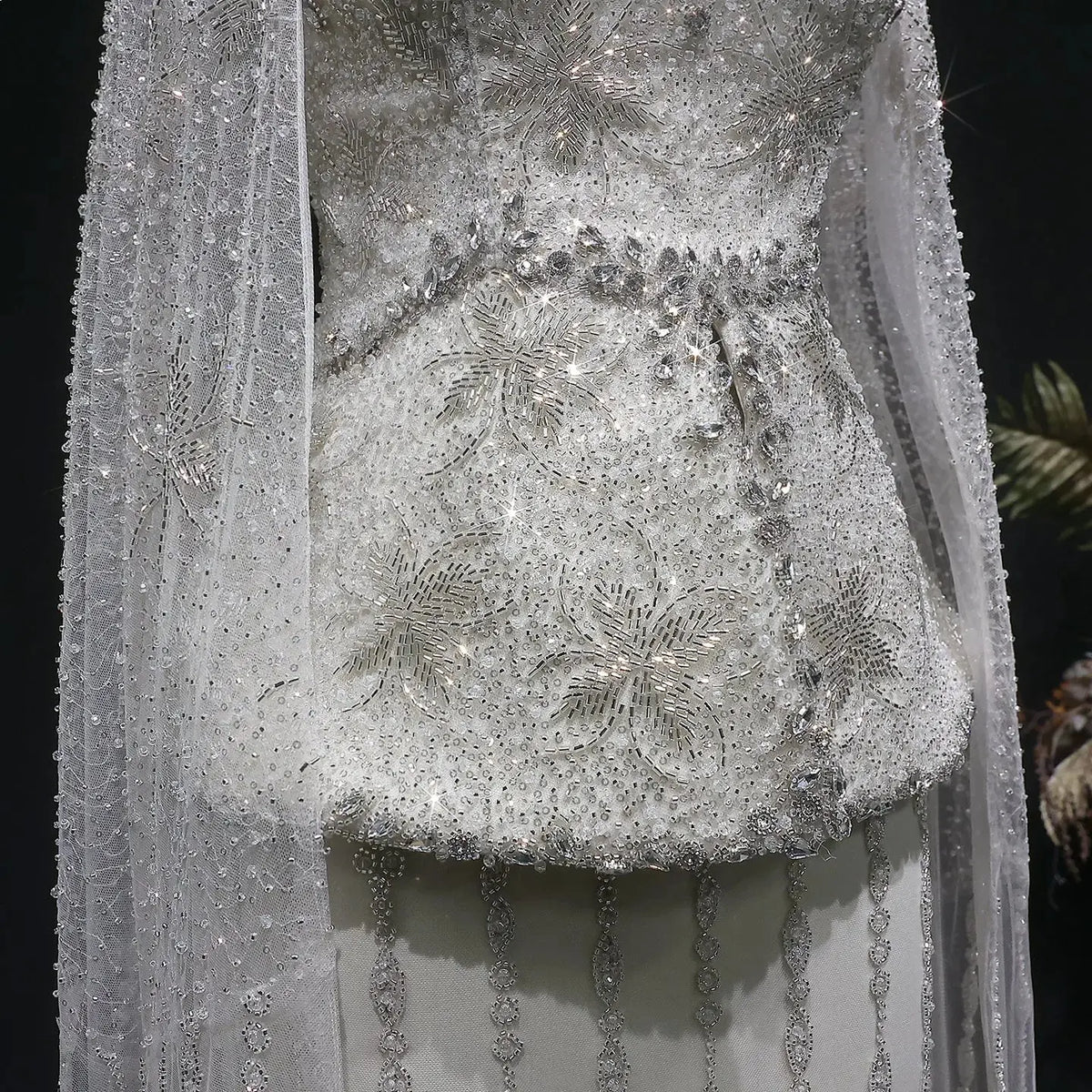 Elegant Silver High Neck Sheer Fitted Evening Dress with Cape Sleeve SS531 