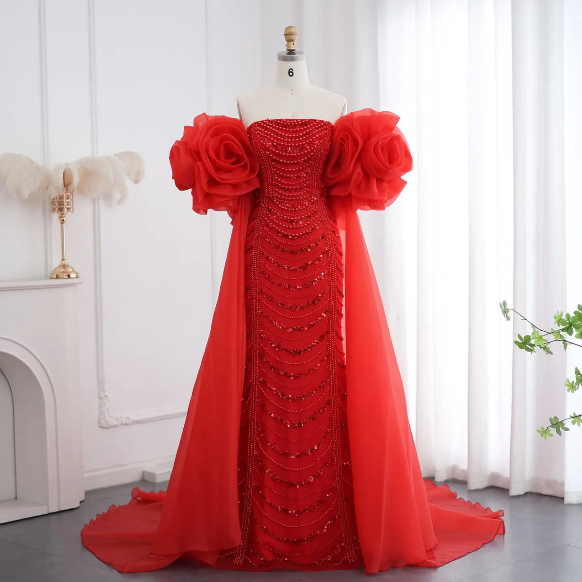 Luxury Pearl Red Evening Dress with 3D Flowers Cape SS585 Luxury Pearl Red Evening Dress with 3D Flowers Cape SS585