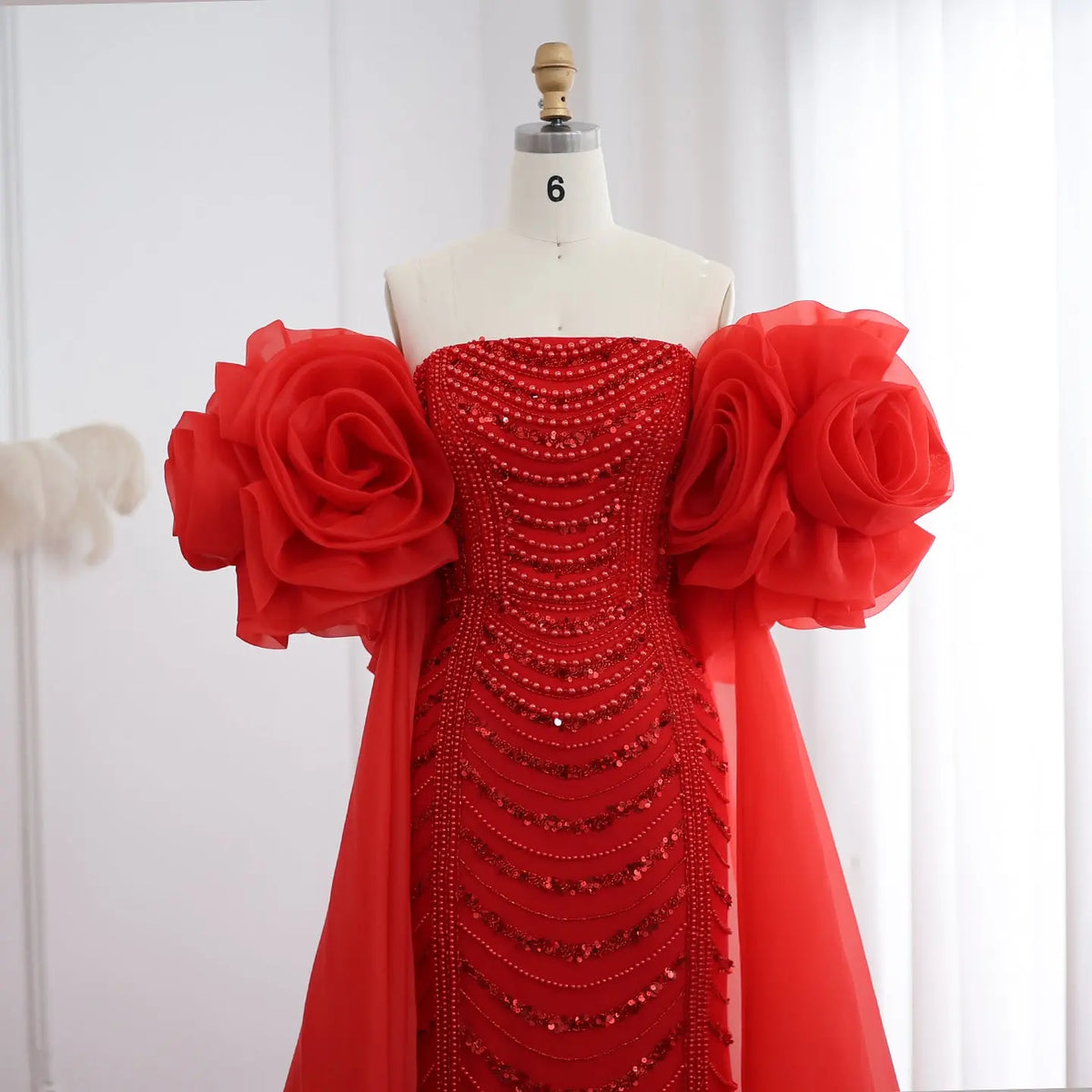 Luxury Pearl Red Evening Dress with 3D Flowers Cape SS585 Luxury Pearl Red Evening Dress with 3D Flowers Cape SS585