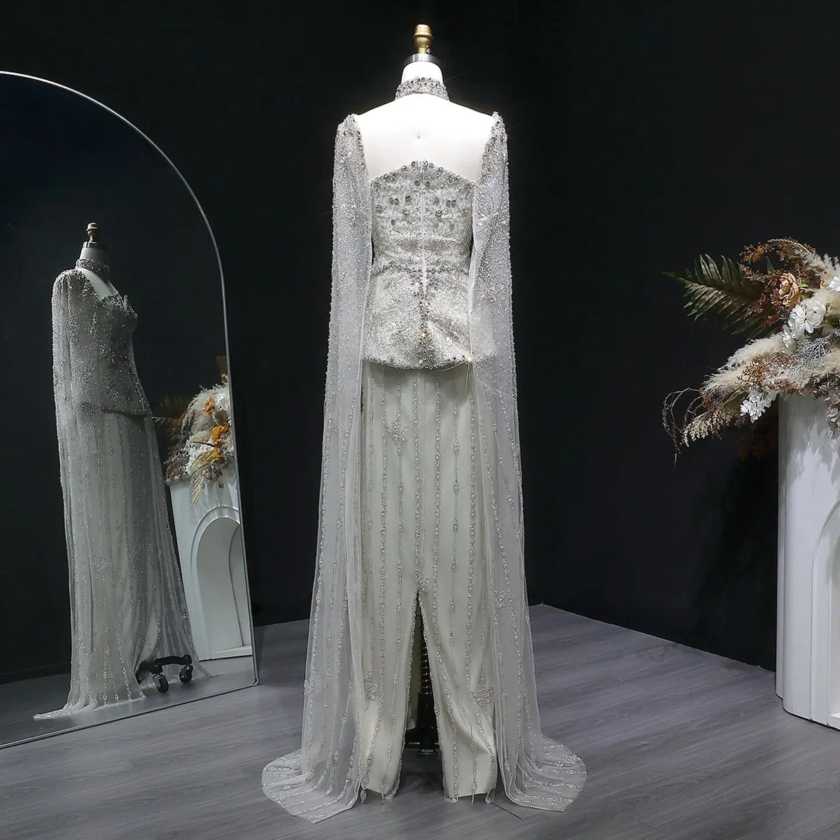 Elegant Silver High Neck Sheer Fitted Evening Dress with Cape Sleeve SS531 