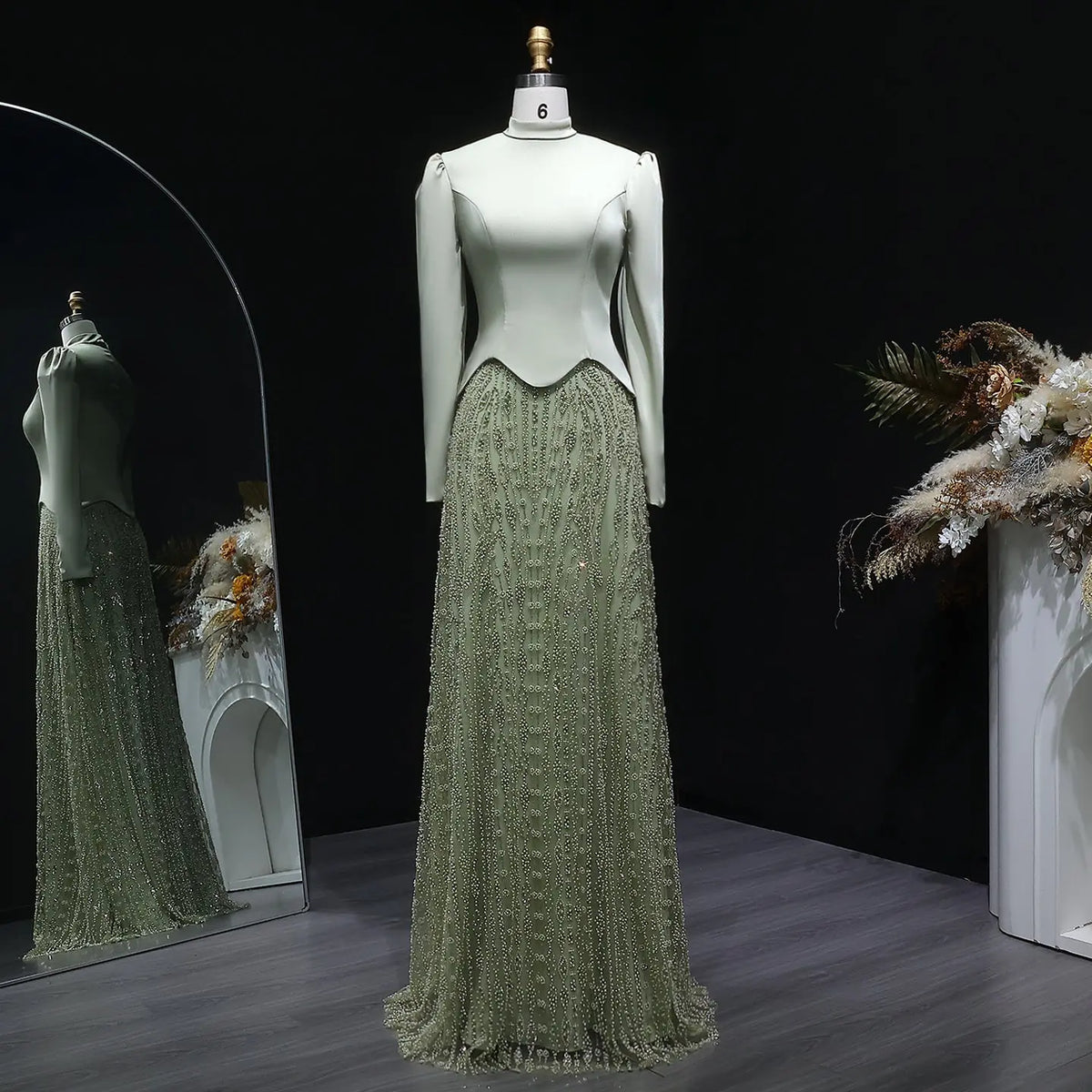 Glamorous Modest Hijab-Style Green Sequin Evening Dress SS613 