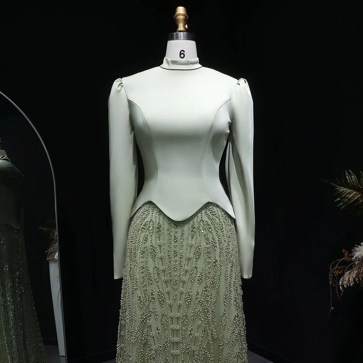 Glamorous Modest Hijab-Style Green Sequin Evening Dress SS613 