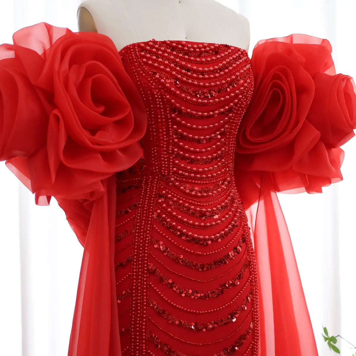 red dress with 3d flowers Long Off Shoulder Red Dress with Slit and 3D Flowers Walone LLC