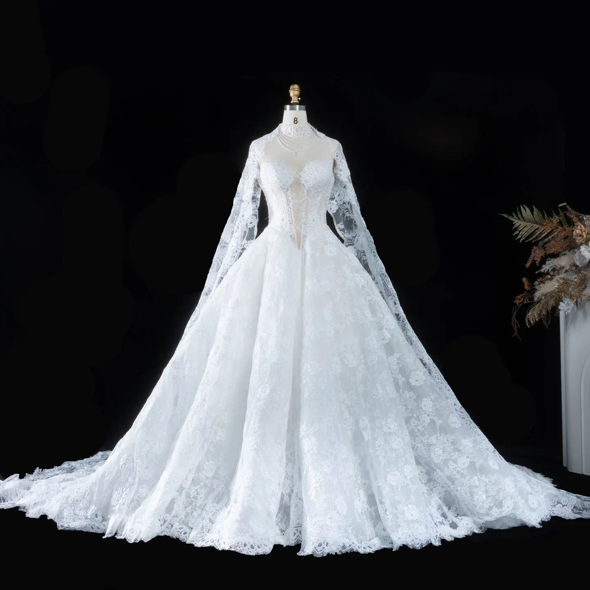 Ivory Strapless Lace Train Wedding Dress SW166