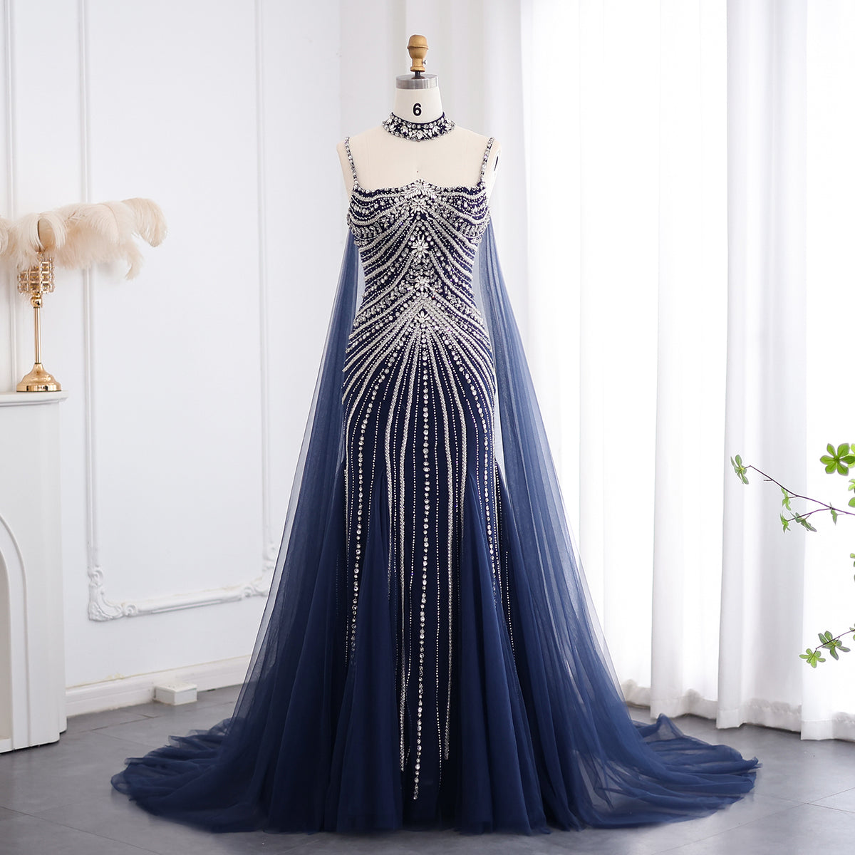 Luxury Navy Blue Mermaid Evening Dress with Chocker Cape SS325