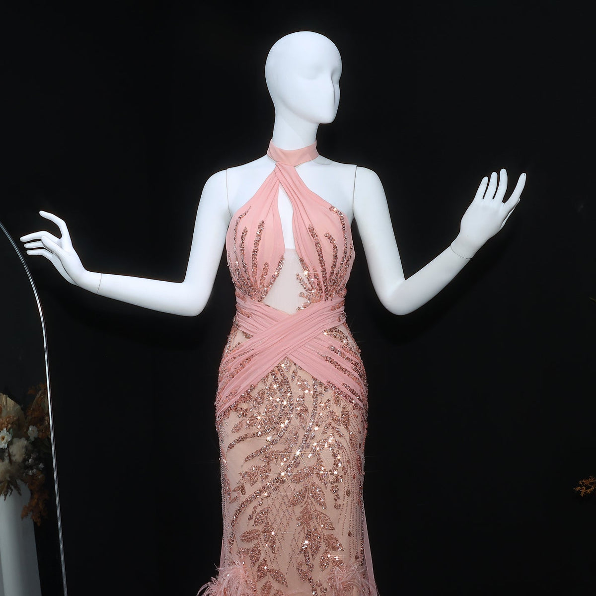 Luxury Halter Feathers Beaded Pink Dress with Overskirt SS576