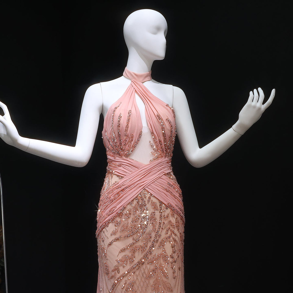 Luxury Halter Feathers Beaded Pink Dress with Overskirt SS576