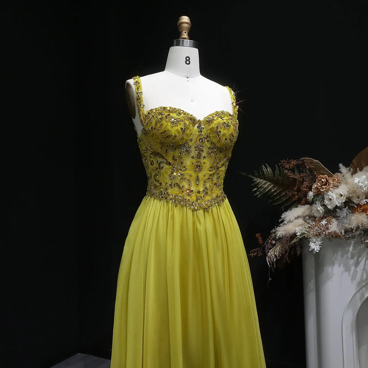 Luxury Yellow Sweetheart Neck Crystal Sequin Tulle A-line Evening Dress SS387 