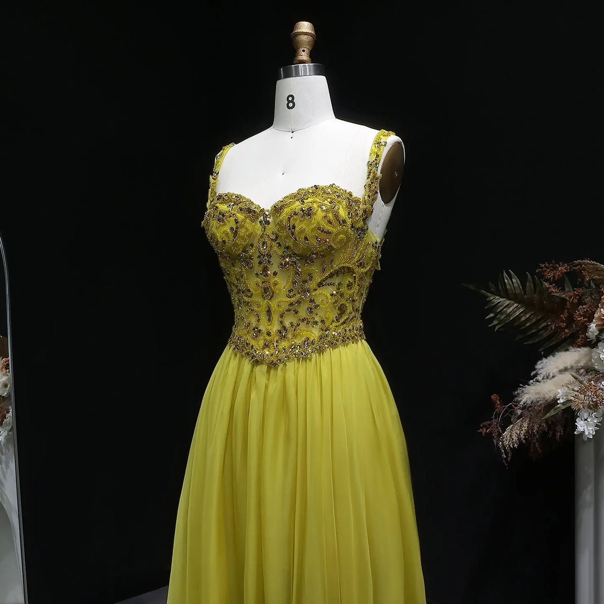 Luxury Yellow Sweetheart Neck Crystal Sequin Tulle A-line Evening Dress SS387 