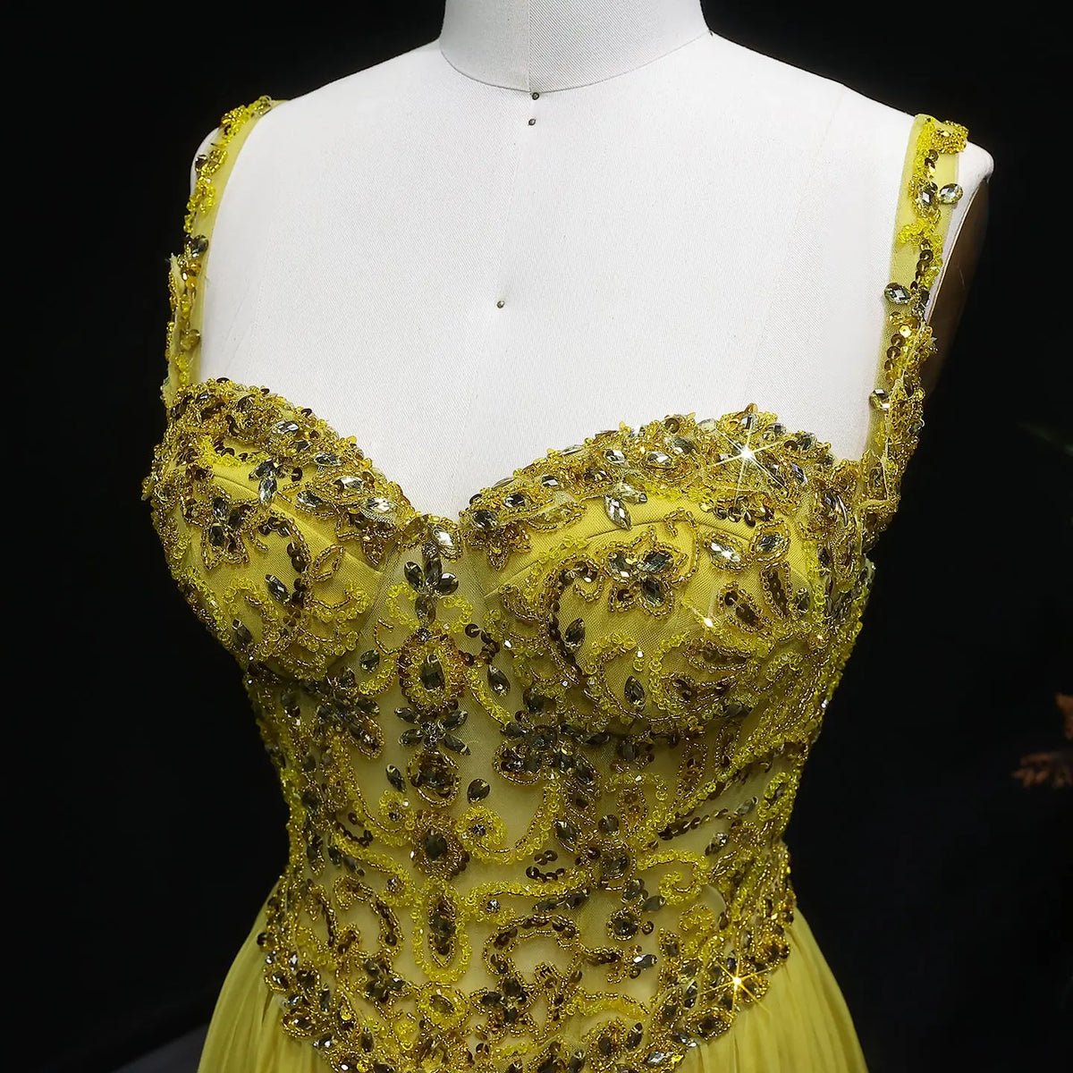 Luxury Yellow Sweetheart Neck Crystal Sequin Tulle A-line Evening Dress SS387 