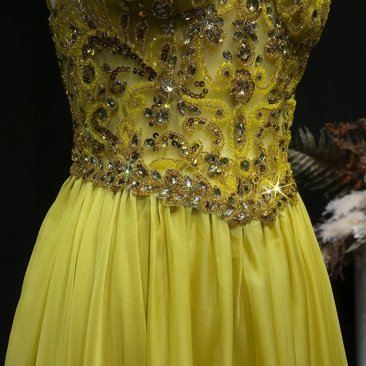 Luxury Yellow Sweetheart Neck Crystal Sequin Tulle A-line Evening Dress SS387 