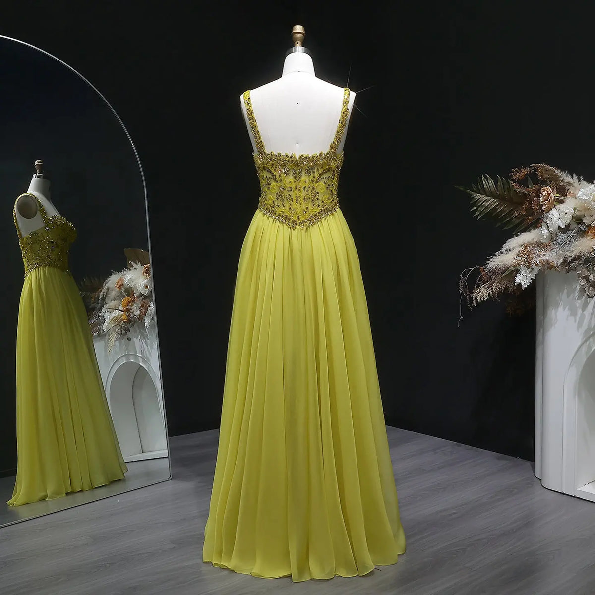 Luxury Yellow Sweetheart Neck Crystal Sequin Tulle A-line Evening Dress SS387 