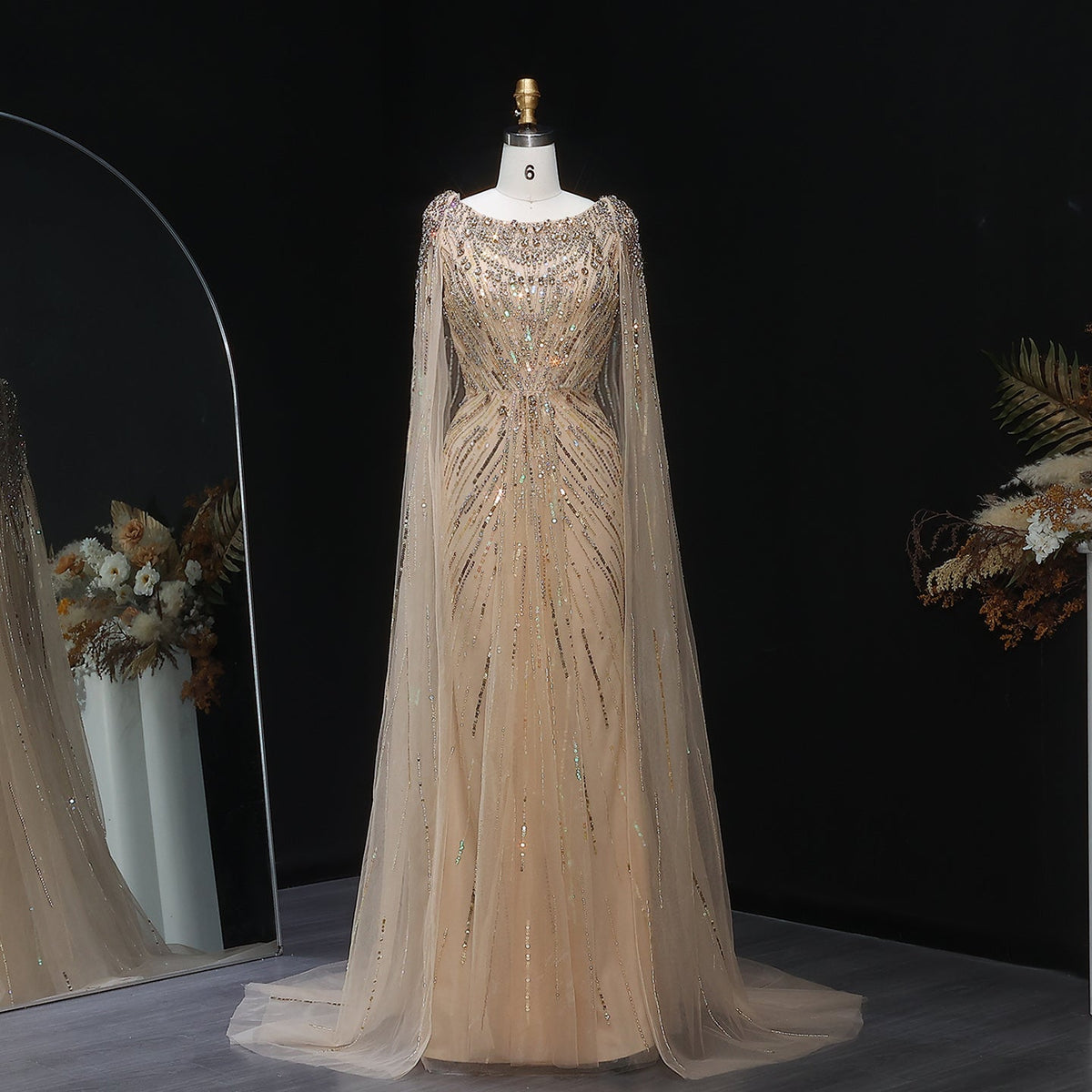 Luxury Crystal Lilac Evening Dress with Cape Sleeves SS549  Gold / US 20