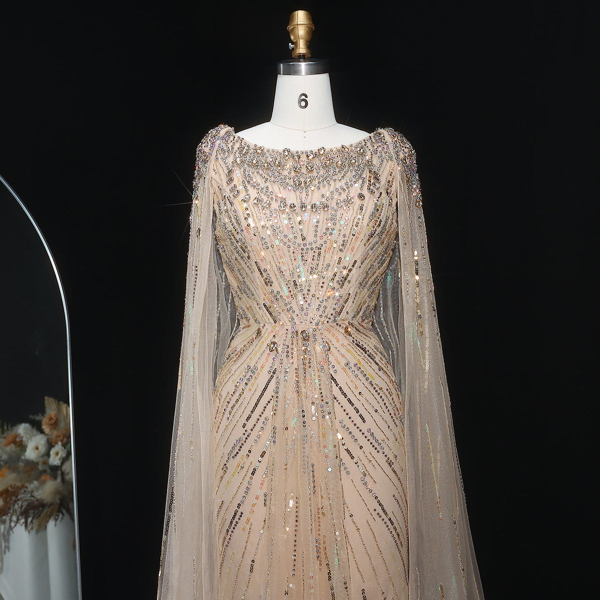 Luxury Crystal Lilac Evening Dress with Cape Sleeves SS549