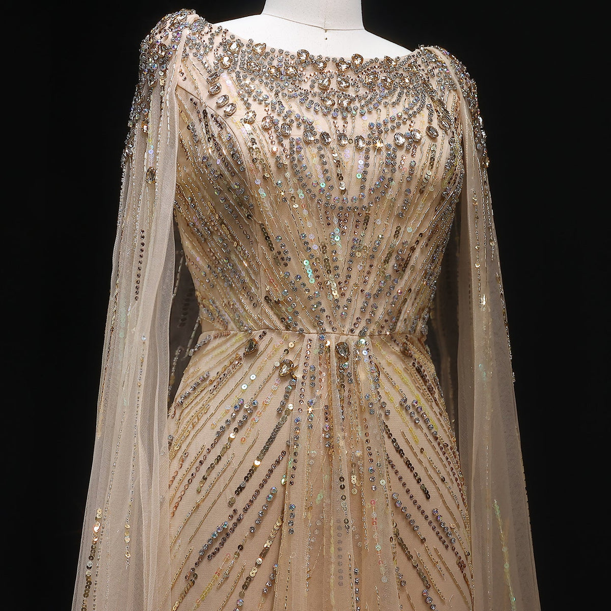 Luxury Crystal Lilac Evening Dress with Cape Sleeves SS549