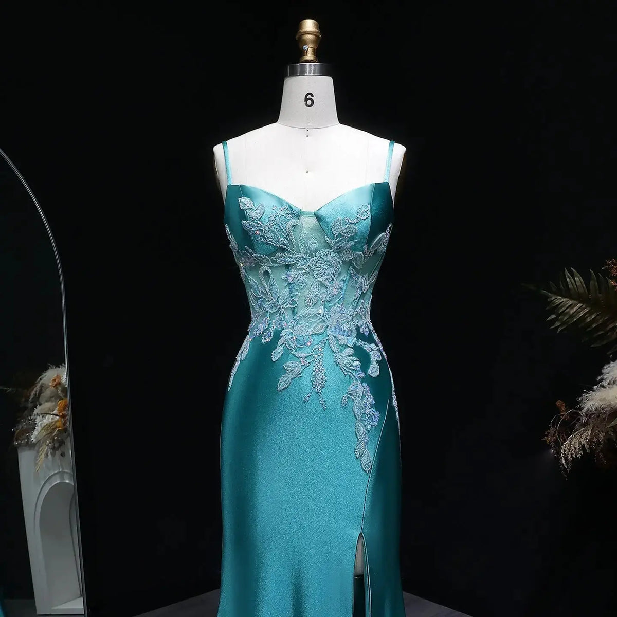 Luxury Teal Beaded Embroidered High-Slit Mermaid Prom Dress SH407 