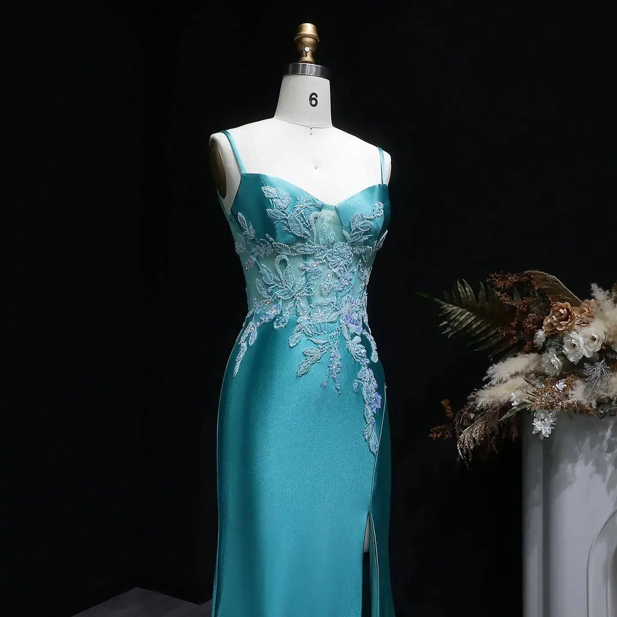 Luxury Teal Beaded Embroidered High-Slit Mermaid Prom Dress SH407 