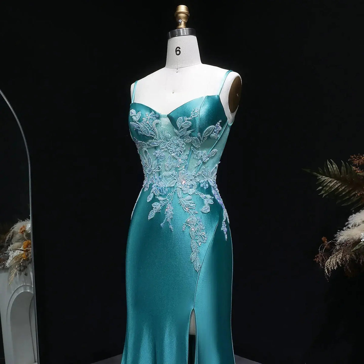 Luxury Teal Beaded Embroidered High-Slit Mermaid Prom Dress SH407 
