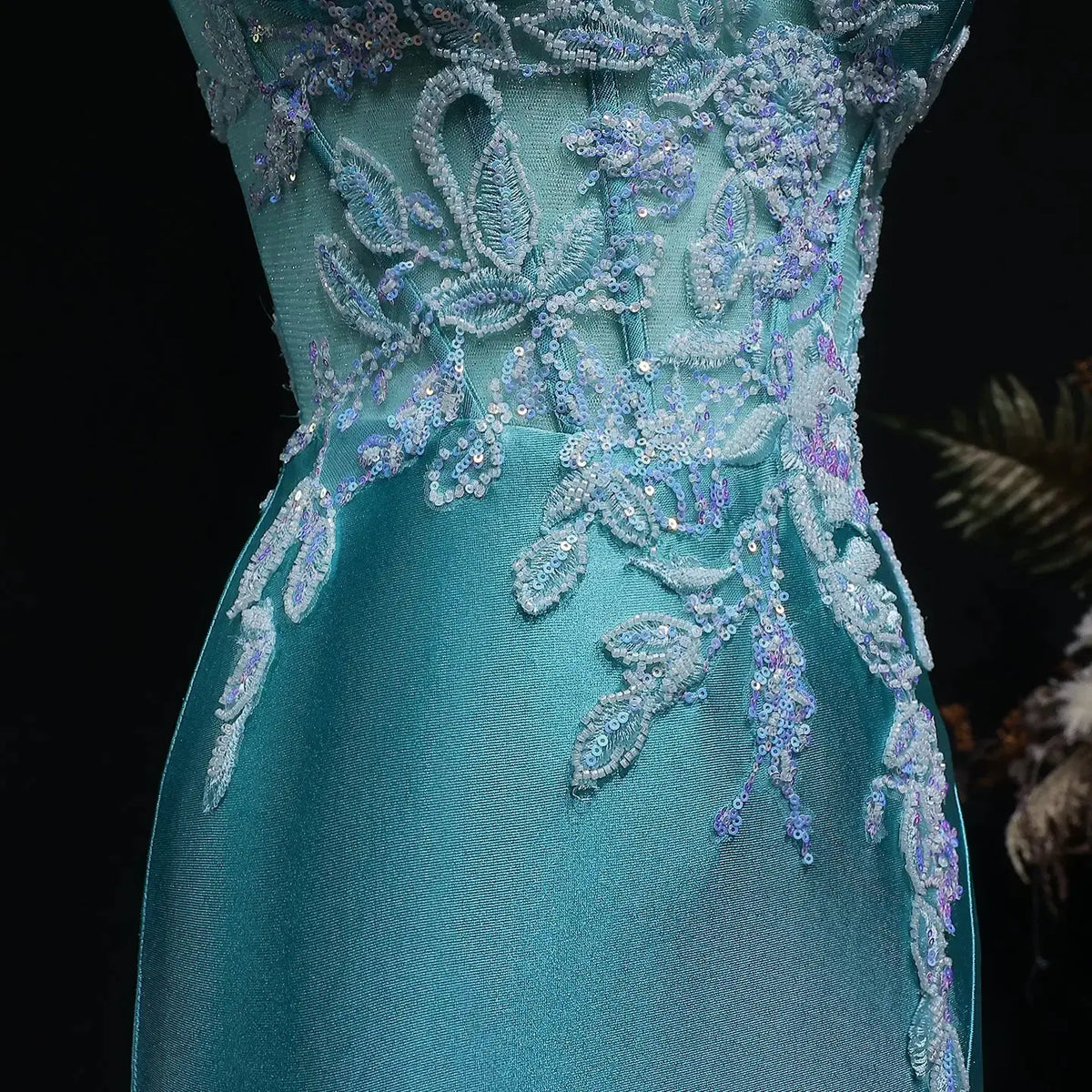 Luxury Teal Beaded Embroidered High-Slit Mermaid Prom Dress SH407 