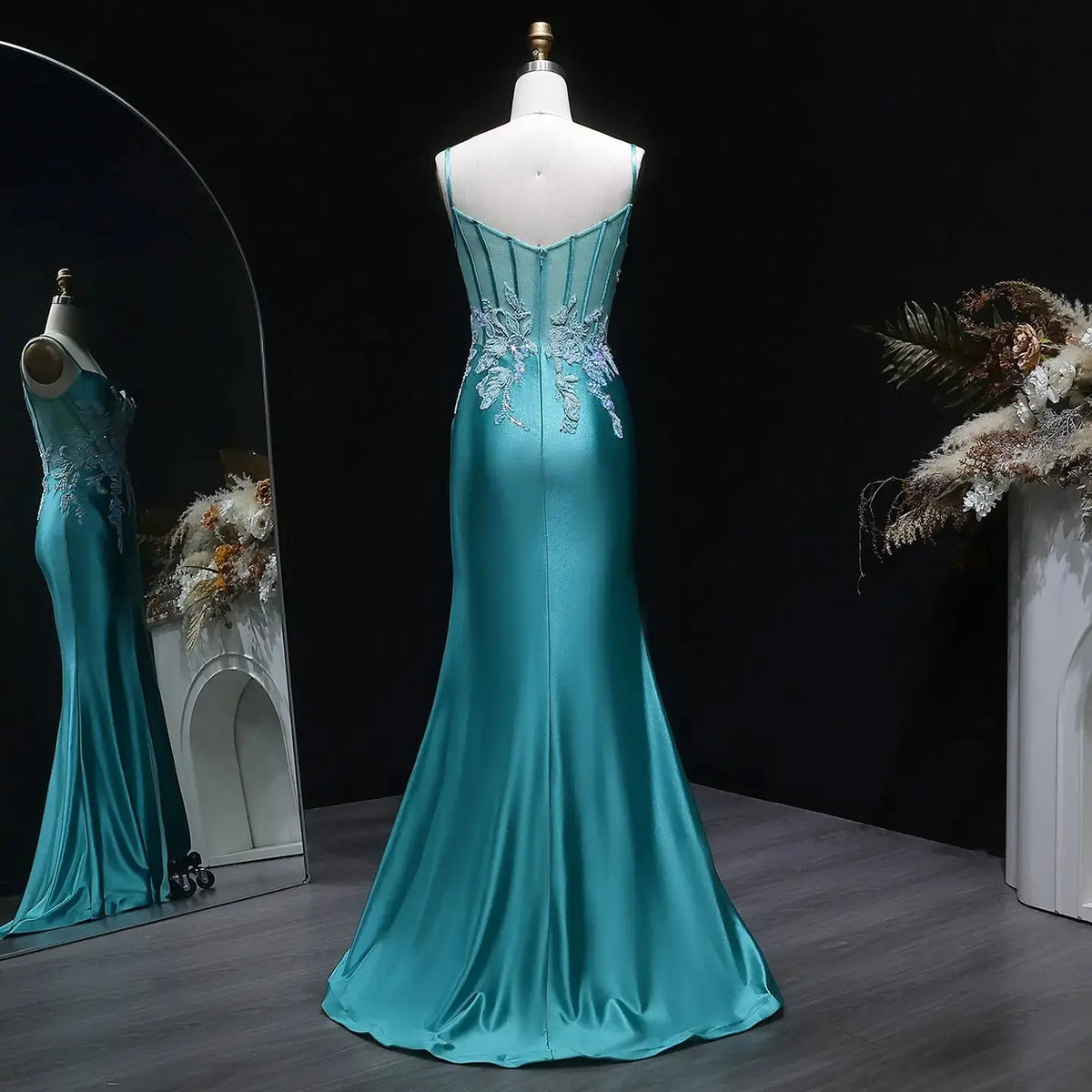 Luxury Teal Beaded Embroidered High-Slit Mermaid Prom Dress SH407 