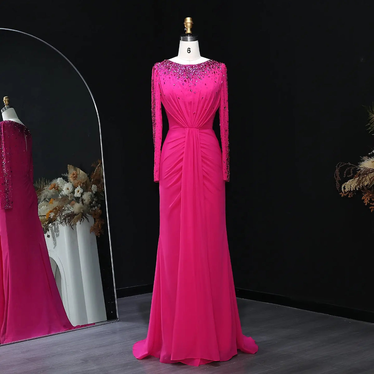 Luxury Fuchsia Beaded Crystal Evening Dress with Long Sleeves SS565 - SHARONSAID Luxury Fuchsia Beaded Crystal Evening Dress with Long Sleeves SS565 - SHARONSAID