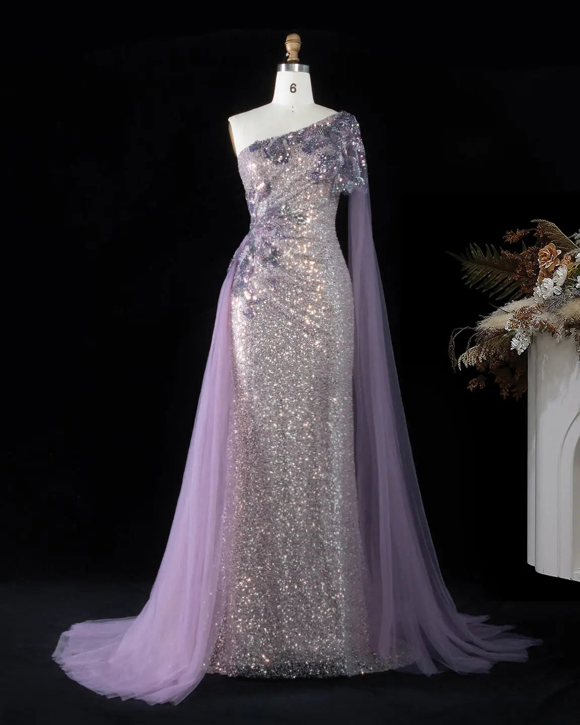 Purple Sequin One Shoulder Cape Formal Dress SS537