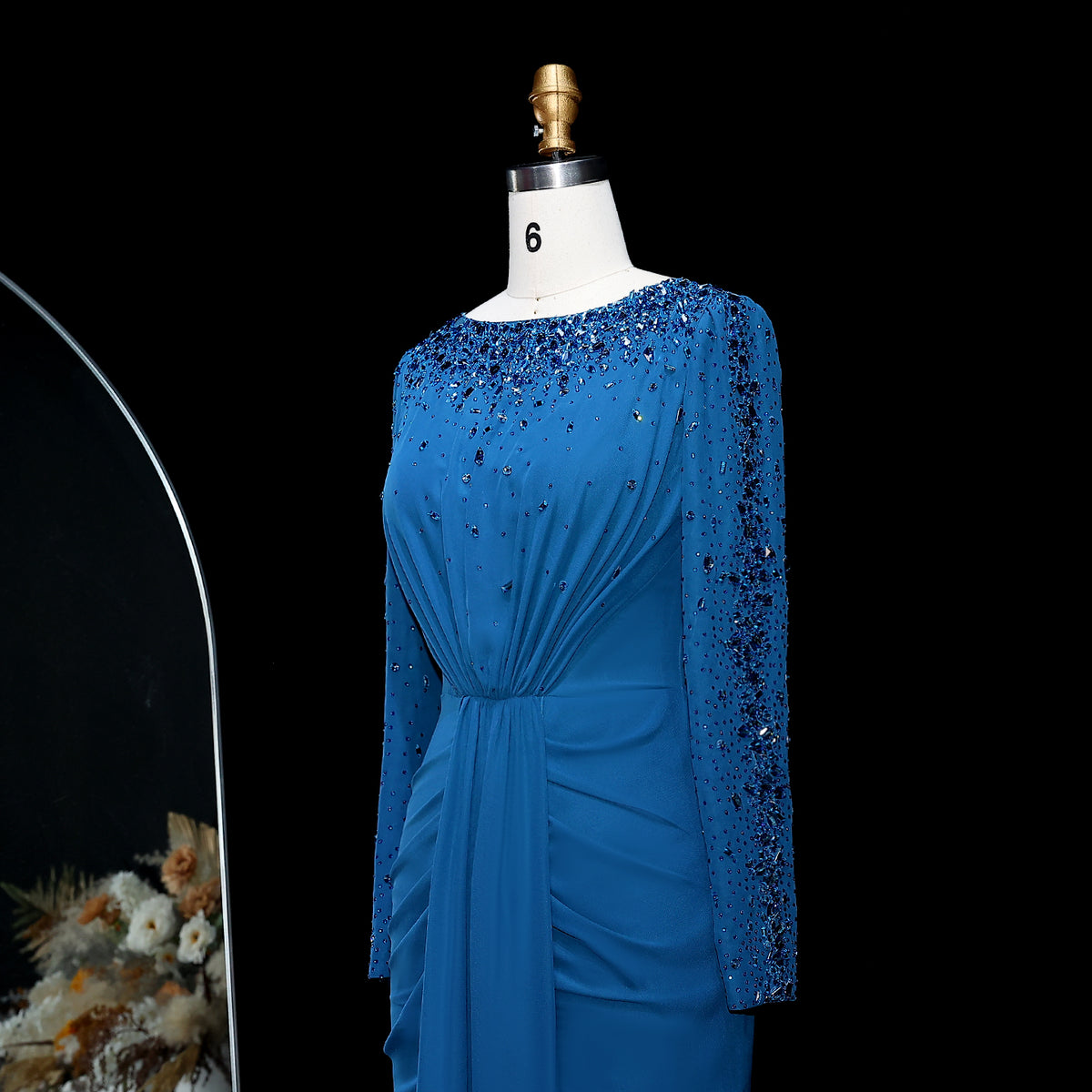 Luxury Fuchsia Beaded Sequin Evening Dress with Long Sleeves SS565 