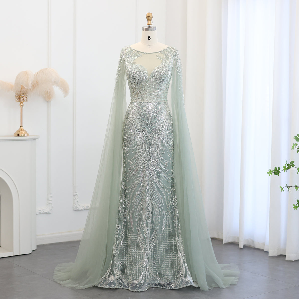 Sharon Said Luxus Dubai Salbeigrün Meerjungfrau Abendkleid mit Cape-Ärmeln 2024 Blau Übergröße Damen Hochzeitsfeierkleider SS049