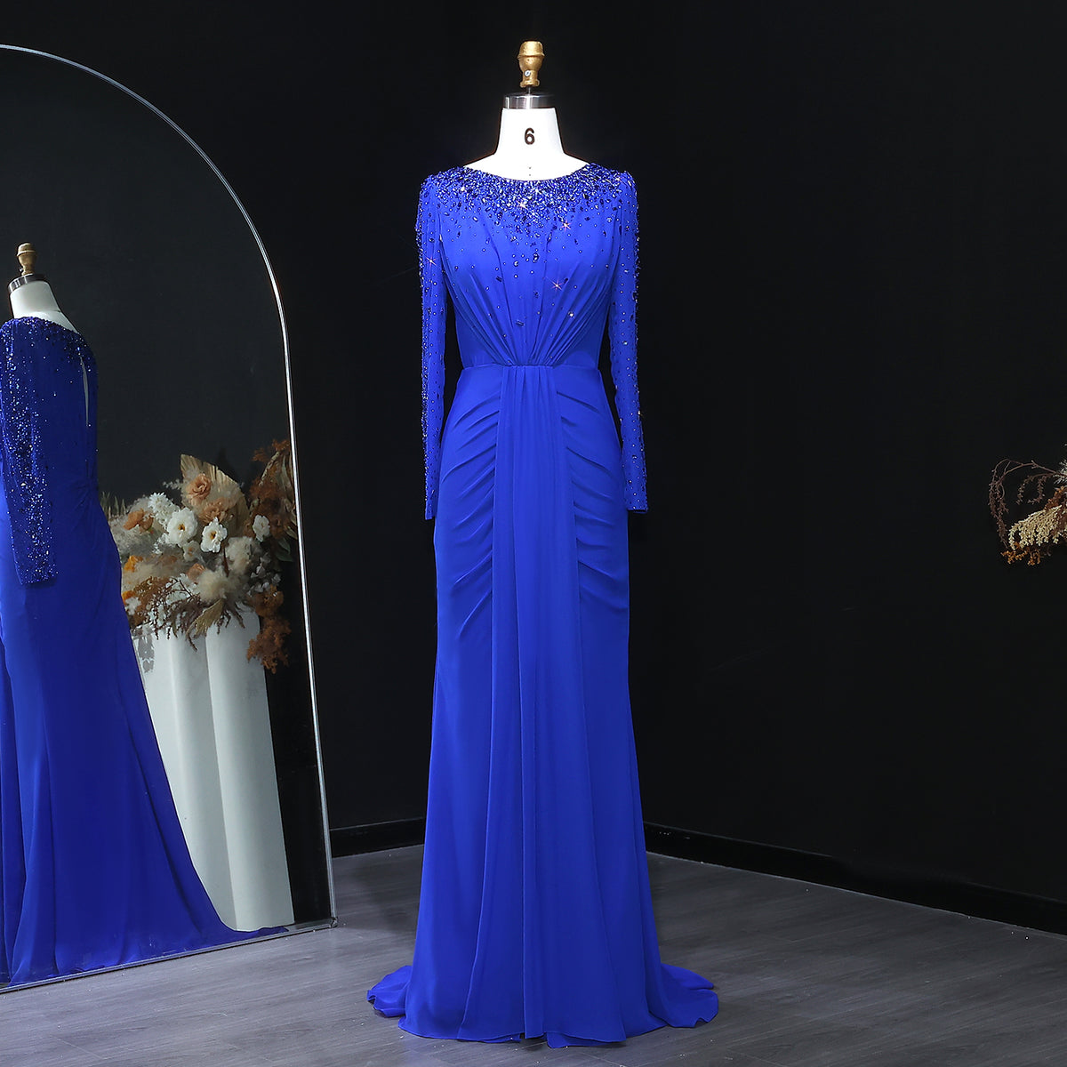 Luxury Fuchsia Beaded Sequin Evening Dress with Long Sleeves SS565 