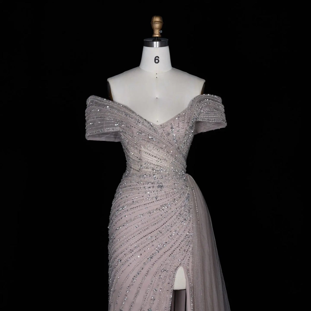 Luxury Champagne Sequin Off-the-Shoulder Evening Dress with High Slit SS007