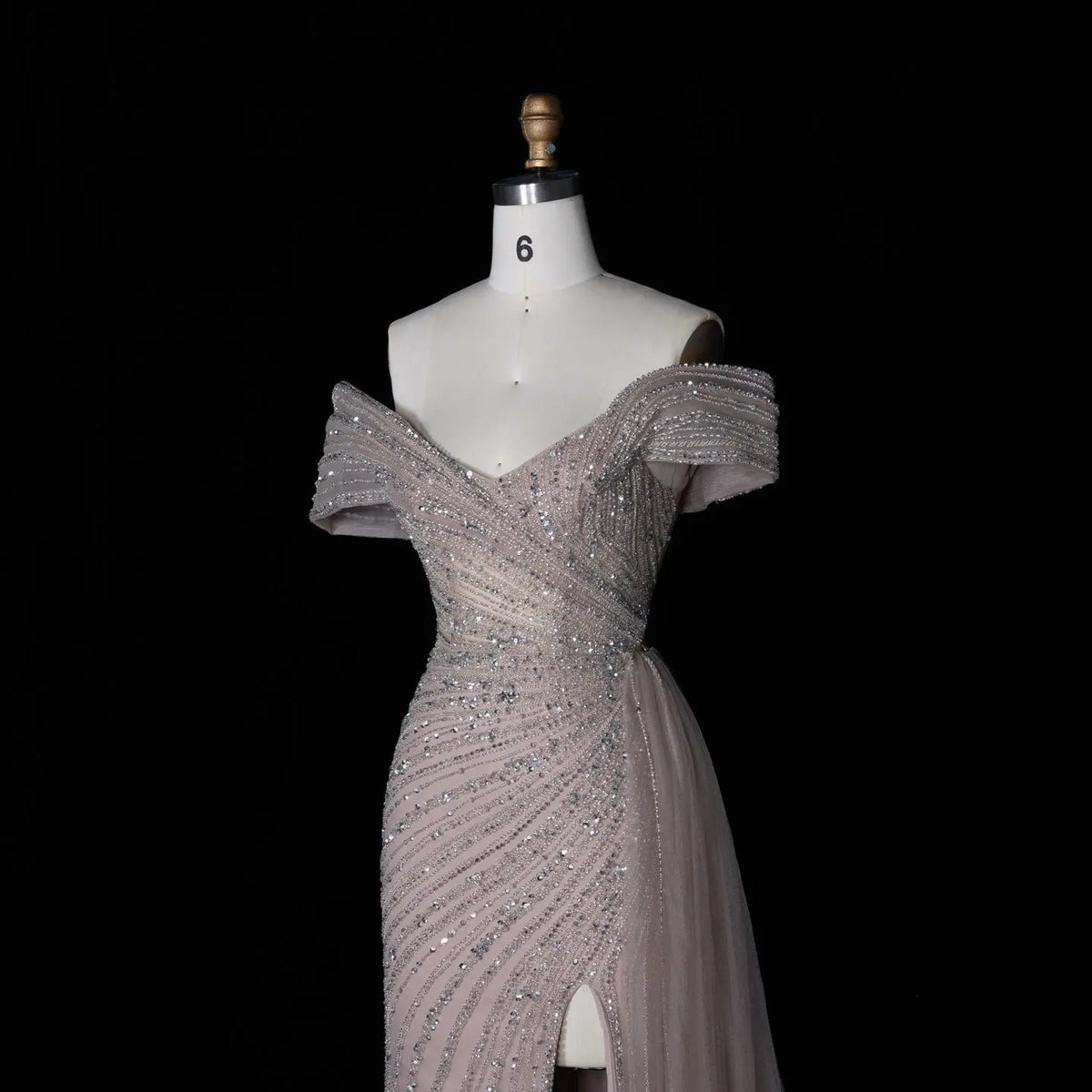 Luxury Champagne Sequin Off-the-Shoulder Evening Dress with High Slit SS007
