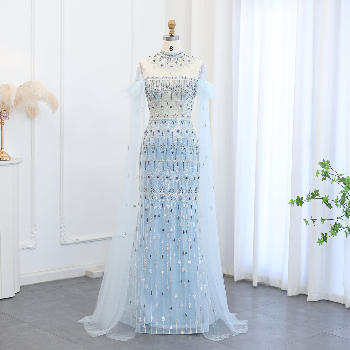 Sharon Said Luxury Arabic Light Blue Mermaid Evening Dress with Cape Sleeves Elegant High Neck Women Wedding Party Gowns SS096