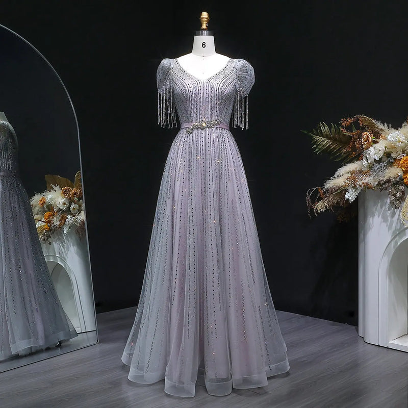 Vintage Lavender Beaded Crystal V-Neck Fringe Sleeve Evening Dress SS199 